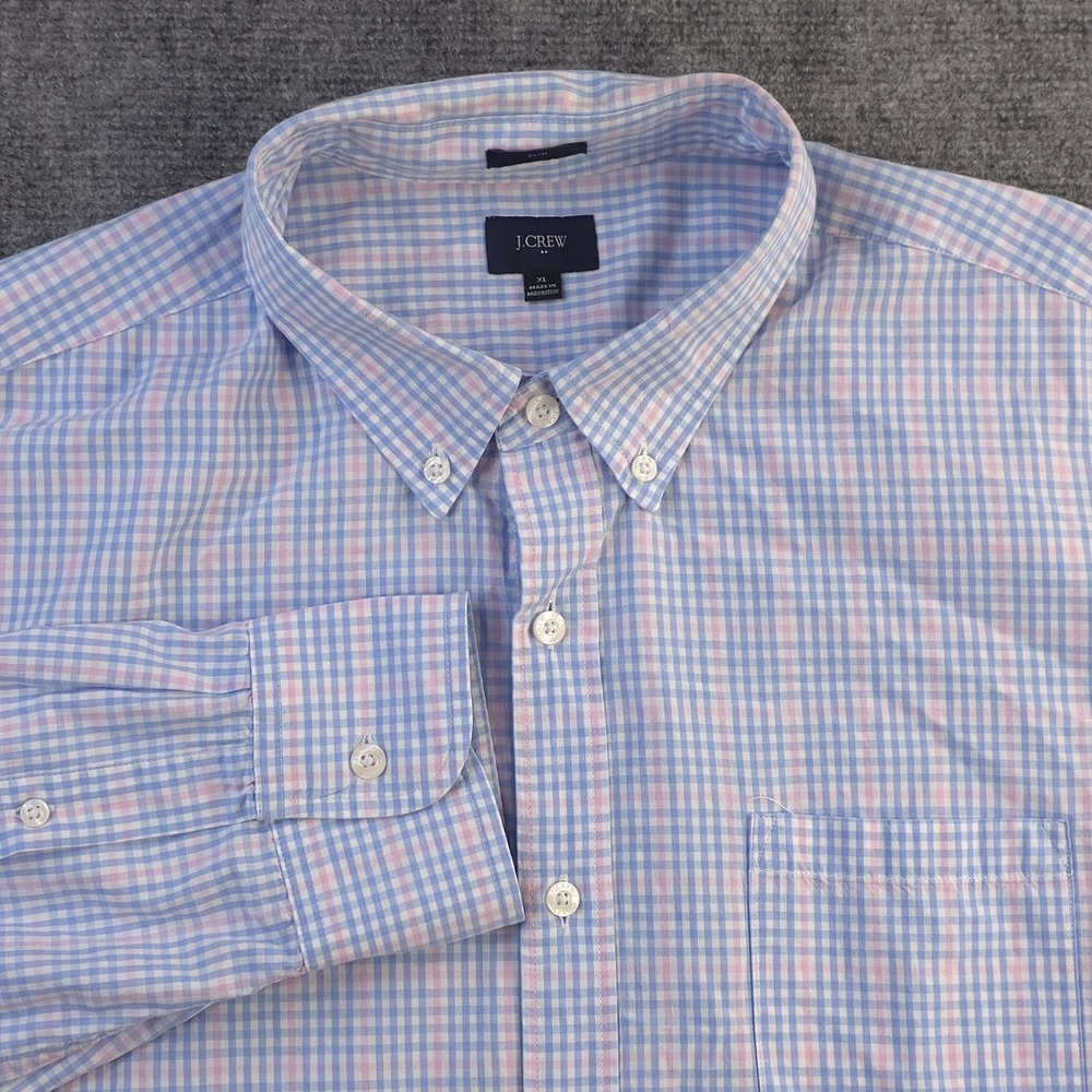 J Crew Shirt XL Slim Fit Pink Blue Check Long Sleeve Button Down Cotton Pocket - Picture 1 of 9